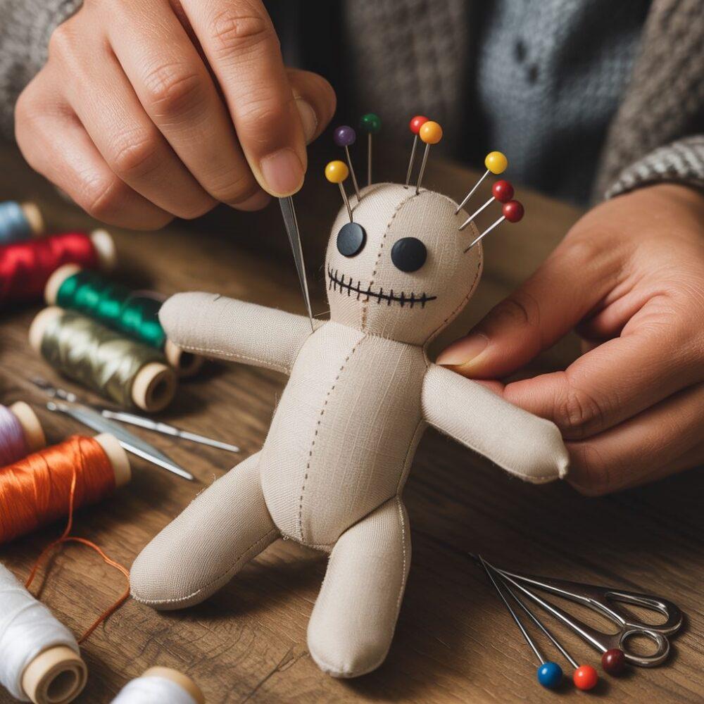Voodoo doll z nitkami i szpilkami