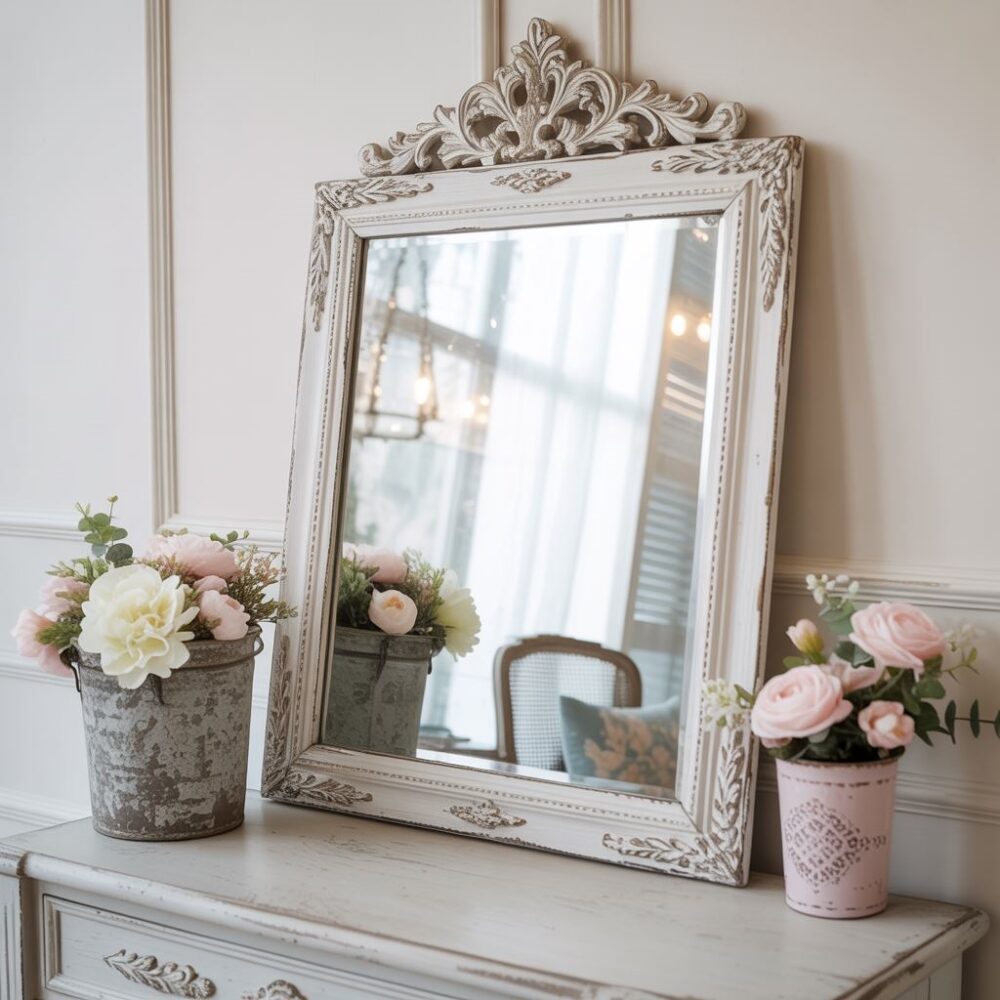 białe lustro z rzeźbieniami