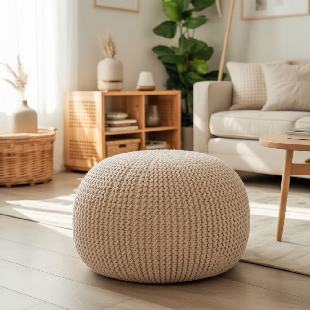 jasna pufa z drewnianymi nogami