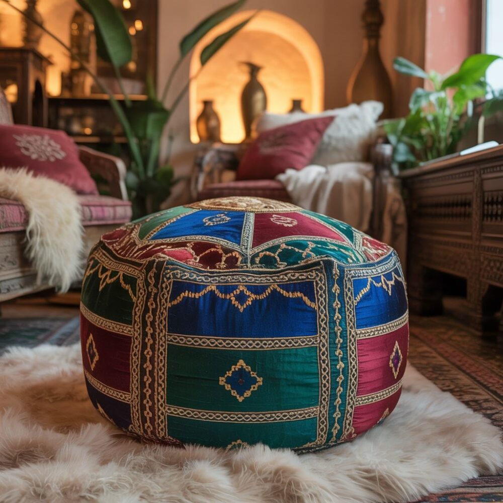 kolorowe pufy w salonie