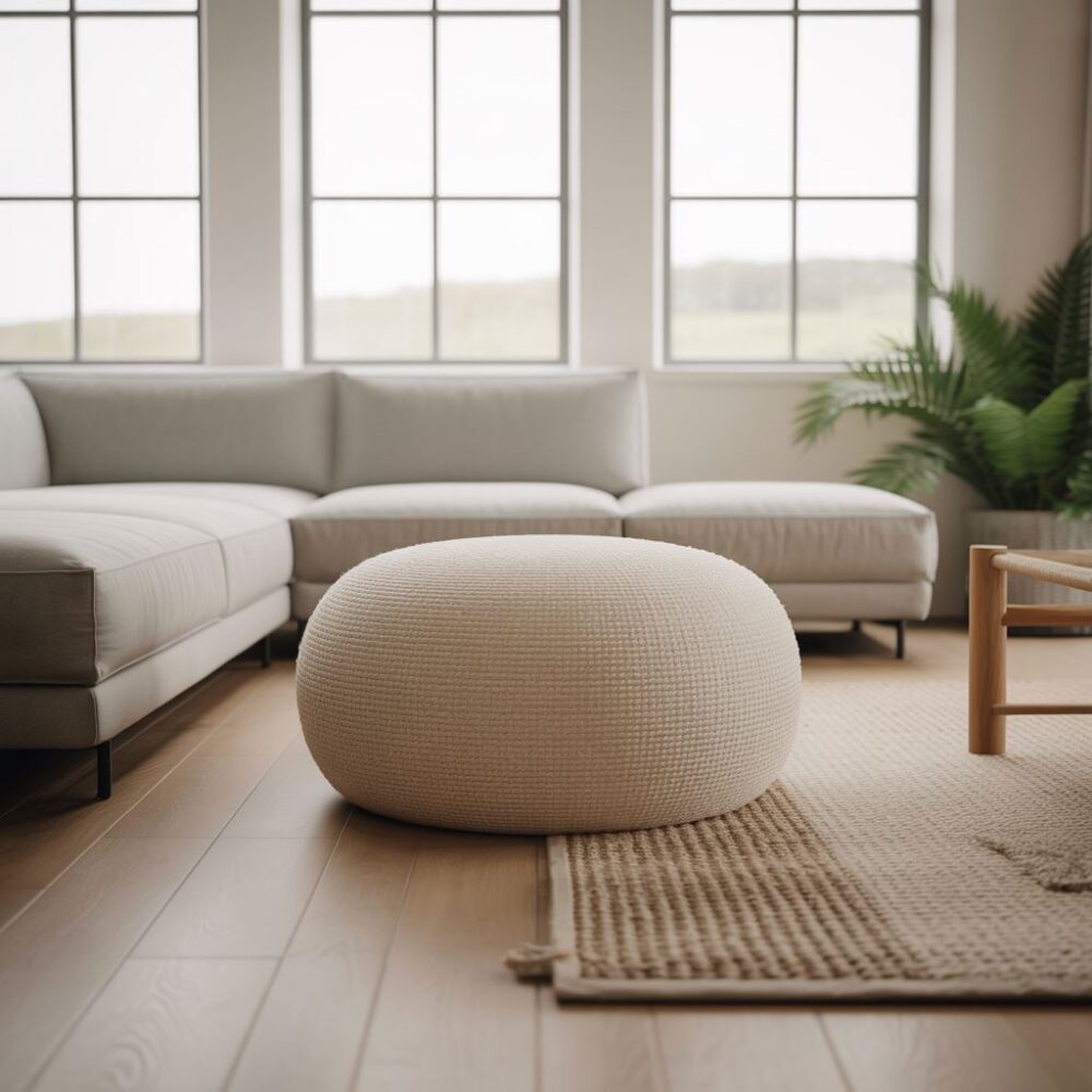 minimalistyczny salon z pufą