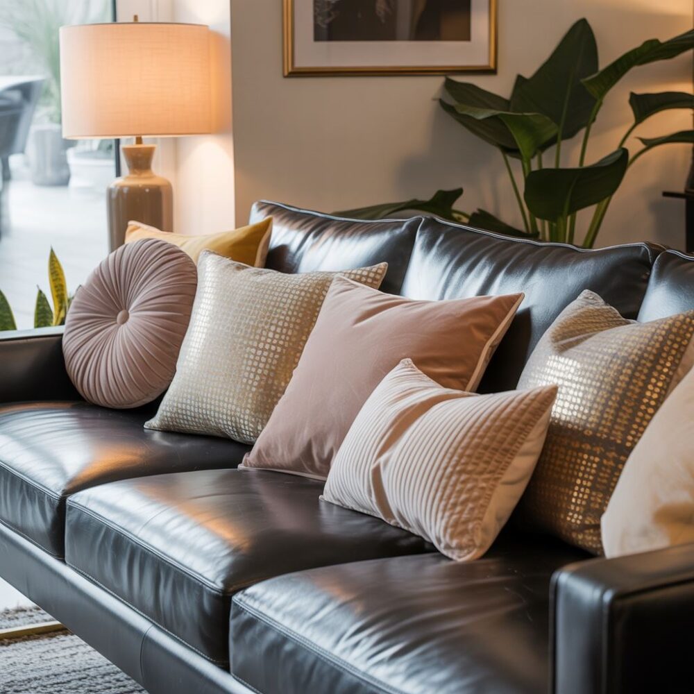 poduszki na czarnej kanapie