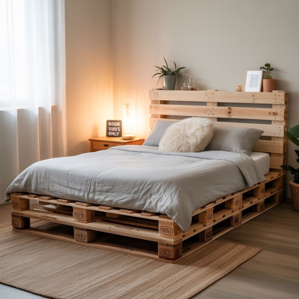 przytulna sypialnia z paletami