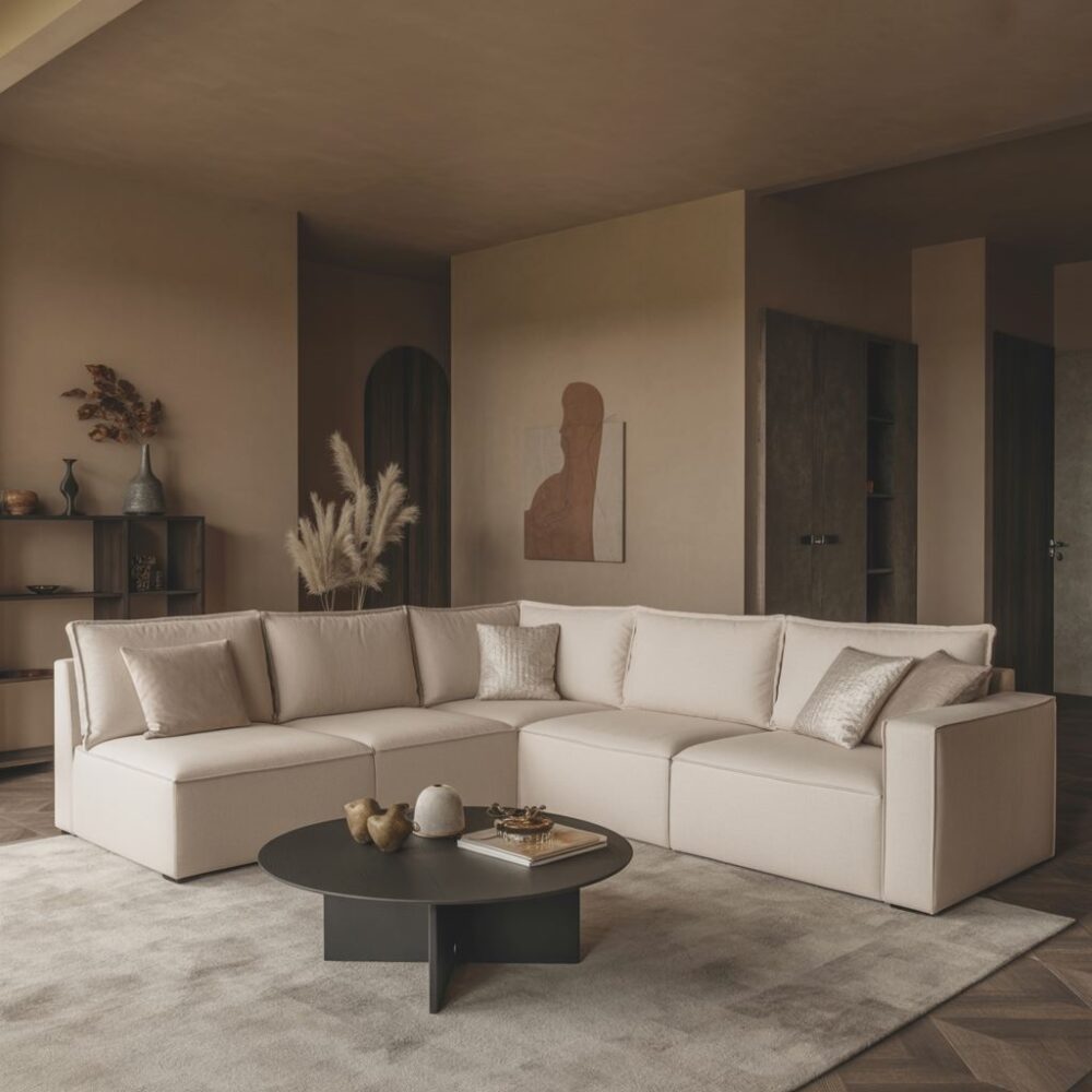 szary narożnik w minimalistycznym wnętrzu